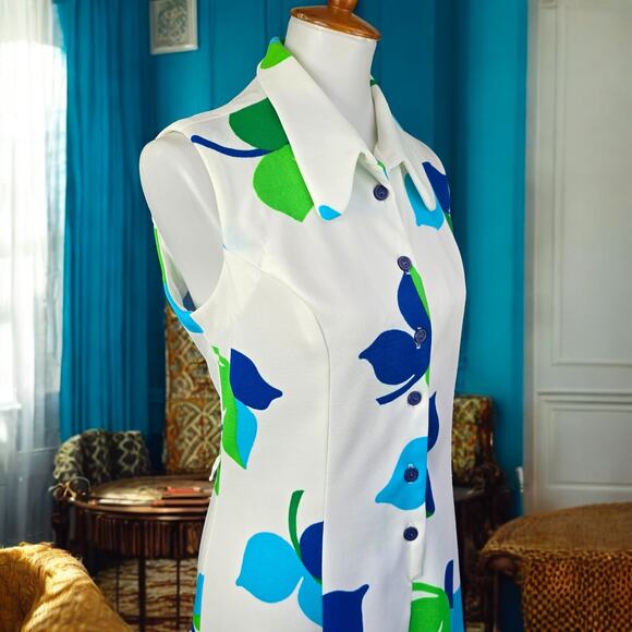 60s Mod Retro Collared Dress Blue Green Turquoise Vintage House Wife Size 18 - Picture 6 of 15